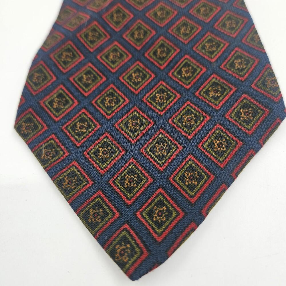 Vintage Atkinson Irish Wool Tie Navy Red Olive Diamond Medallion Necktie Ireland
